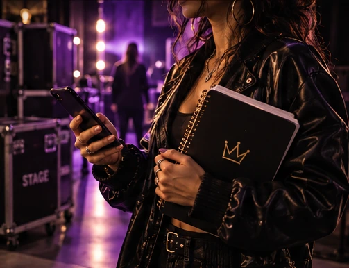 Fictional backstage artist with a notebook and phone