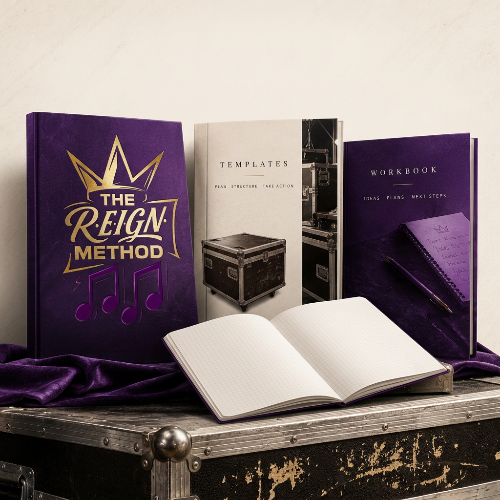 Illustrative digital course, template and workbook covers displayed on a backstage road case