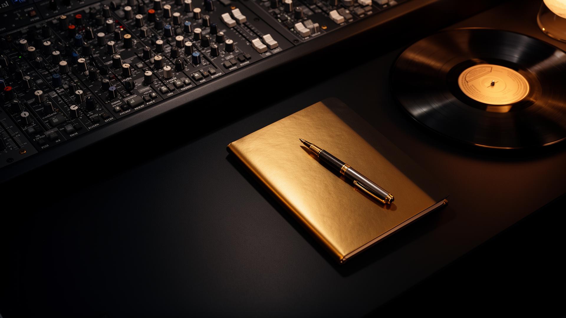 Music studio equipment, a vinyl record, and a notebook